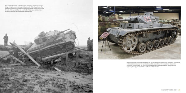 Two images from Schiffer Publishing, Ltd.'s Panzerkampfwagen III: at left, a battle-damaged tank amid debris with soldiers; at right, a restored Panzerkampfwagen III featuring its German cross insignia on museum display.