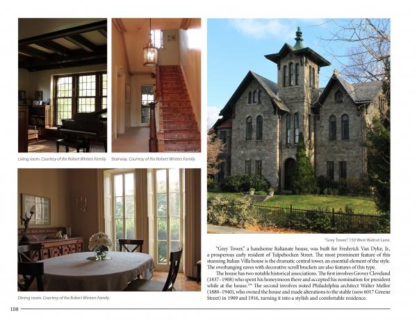 Four images from "Historic Architecture in Northwest Philadelphia: 1690 to 1930s" by Schiffer Publishing, Ltd. show a cozy living room, red-carpeted staircase, round-table dining room, and a historic Germantown building with Wissahickon schist and arched windows.