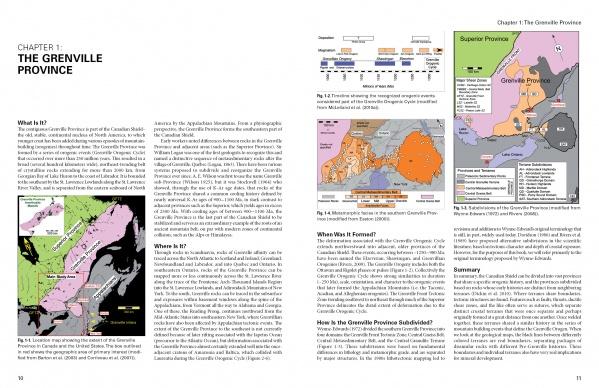 The Schiffer Publishing, Ltd. book "Minerals of the Grenville Province" features a two-page spread with text and colorful geological maps of Canada, highlighting labeled regions, mineral sites, legends, scale bars, and place names.