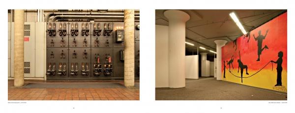 Left: Ponce City Market's industrial wall with switches and gauges reflects classic architecture. Right: A colorful hallway mural shows black silhouettes of children playing on a red and yellow backdrop.