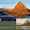 A golden sunset reflects Grinnell Mountain on a lake in Glacier National Park, with vibrant canoes in front. At bottom right, an inset shows a vintage postcard of the same scene. Product by Schiffer Publishing, Ltd.