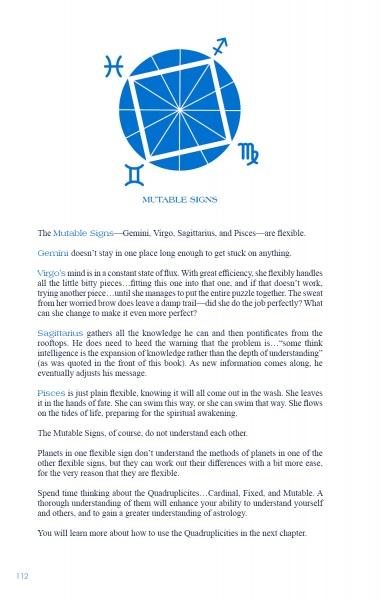 A page from Schiffer Publishing, Ltd.'s "The Beginner's Guide to Astrology" shows a blue octagonal chart with Gemini, Virgo, Sagittarius, and Pisces symbols, describing Mutable Sign traits to aid beginners in learning astrology.
