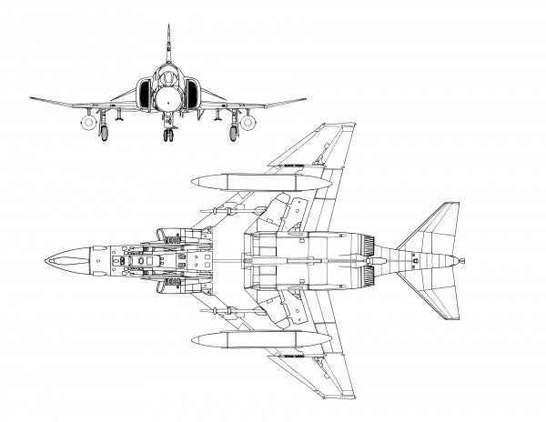 Black and white technical line drawings of the McDonnell-Douglas F-4C/RF-4C Phantom II, with front and top-down views detailing its structure, from Schiffer Publishing, Ltd. as used by Spanish forces.