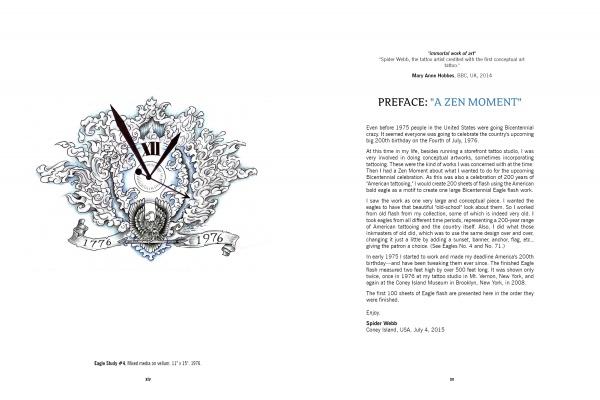 On the left, Spider Webb's American Eagle Tattoo Flash from Schiffer Publishing, Ltd. features an ornate clock with Roman numerals, clouds, and 1776–1976. On the right is “A Zen Moment,” reflecting on 1970s spirit and meditation practice.