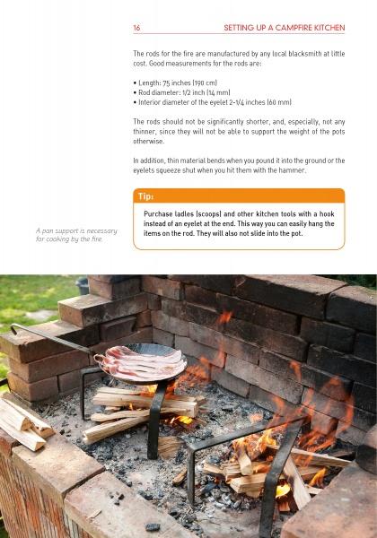 On an Open Fire by Schiffer Publishing, Ltd. features a sturdy campfire setup with metal rods and supports that hold a pan over bricks and flame—ideal for outdoor cooking, rod lengths and tips for hooked ladles included above.