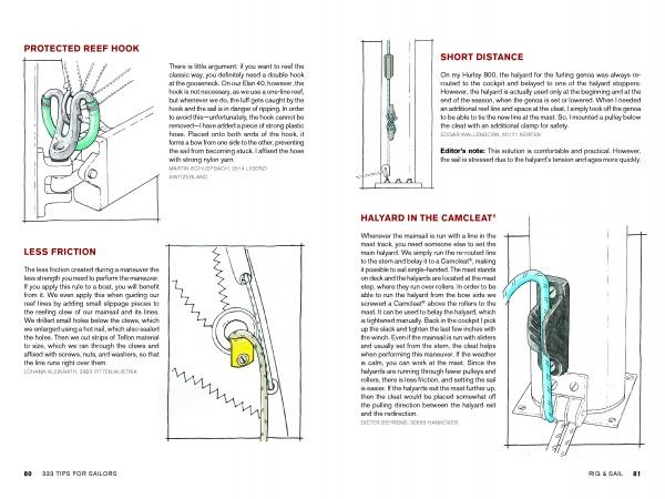 333 Tips for Sailors by Schiffer Publishing, Ltd. is a guide featuring illustrated sailing tips, each with a clear title, concise instructions, and color diagrams of ropes, hooks, and cam cleats to improve your boating skills and rigging technique.