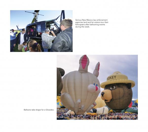 Top: People, including law enforcement, gather around a helicopter. Bottom: Crowds enjoy giant cartoon bunny and bear balloons at the Albuquerque International Balloon Fiesta, as featured in Balloons Over Albuquerque by Schiffer Publishing, Ltd.