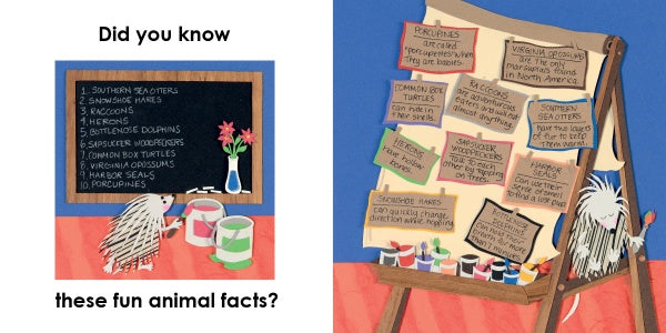 A colorful chalkboard from Guess Who Is behind the Door by Schiffer Publishing, Ltd. lists animal names with art supplies, while an easel displays fun fact cards—sparking kids’ curiosity about animals, colors, and numbers in a playful way.