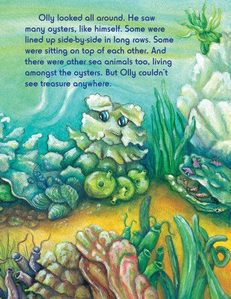 An illustrated underwater scene from "Olly's Treasure" by Schiffer Publishing, Ltd. features Olly the oyster on a Chesapeake Bay reef, searching for treasure among sea animals, coral, and seaweed—a charming early reader adventure.