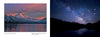Split image from "Greater Portland, Oregon" (Schiffer Publishing, Ltd.): Left—Mount Hood at sunrise reflected in a lake; Right—Milky Way over silhouetted mountains and the Columbia River Gorge by night.