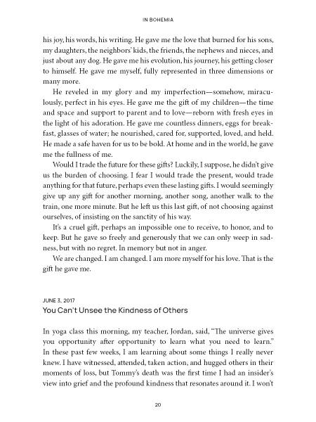 A page from "In Bohemia" by Schiffer Publishing, Ltd. features a reflective passage on a father's legacy from a grief memoir and, in "You Can’t Unsee the Kindness of Others," shares a yoga class lesson about kindness.