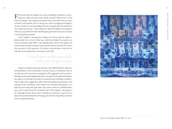 A spread from "Exploring Your Artistic Voice in Contemporary Quilt Art" by Schiffer Publishing, Ltd.: the left page covers design critique and style, while the right shows “Fig. 41 The Woodcutter Waltz, 1980,” an inspiring abstract quilt artwork.