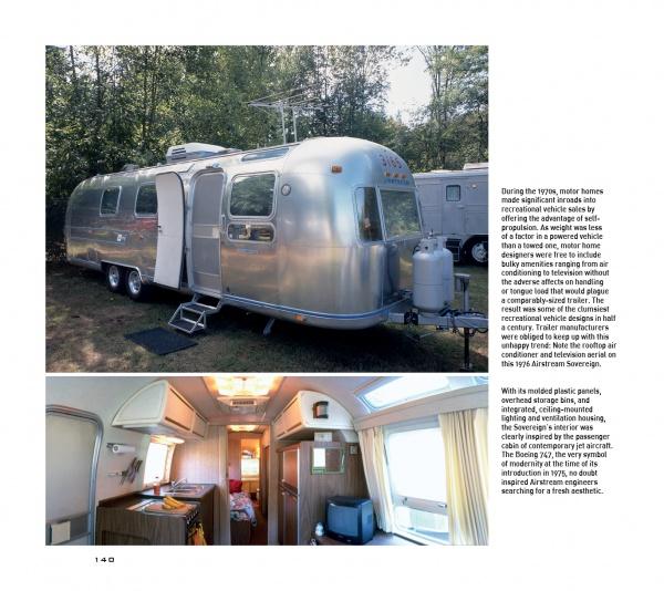 Top: The "Ready to Roll" Airstream, featured by Schiffer Publishing, Ltd., gleams as it's parked on grass with an awning and steps out. Bottom: Inside, the trailer’s compact kitchen, dining, and sleeping areas display classic wood paneling.