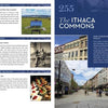 A two-page magazine spread about Ithaca Commons features a sunny pedestrian street and highlights local attractions like Cornell University and the Finger Lakes, inspired by “365 Things to Do in Ithaca, New York” from Schiffer Publishing, Ltd.