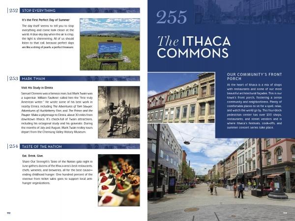 A two-page magazine spread about Ithaca Commons features a sunny pedestrian street and highlights local attractions like Cornell University and the Finger Lakes, inspired by “365 Things to Do in Ithaca, New York” from Schiffer Publishing, Ltd.