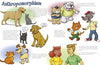 The "More Creatures and Characters" poster by Schiffer Publishing, Ltd. displays cartoon cats and dogs with human traits—walking, talking, and dressed up—with definitions and examples in the background for artistic inspiration.