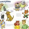 The "More Creatures and Characters" poster by Schiffer Publishing, Ltd. displays cartoon cats and dogs with human traits—walking, talking, and dressed up—with definitions and examples in the background for artistic inspiration.