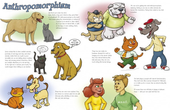 The "More Creatures and Characters" poster by Schiffer Publishing, Ltd. displays cartoon cats and dogs with human traits—walking, talking, and dressed up—with definitions and examples in the background for artistic inspiration.