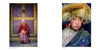 Left: An elderly person with white hair sits cross-legged before an ornate golden door. Right: A young person with rosy cheeks in a fur hat gazes at the camera—portraits from Human Tribe by Schiffer Publishing, Ltd.