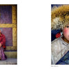 Left: An elderly person with white hair sits cross-legged before an ornate golden door. Right: A young person with rosy cheeks in a fur hat gazes at the camera—portraits from Human Tribe by Schiffer Publishing, Ltd.