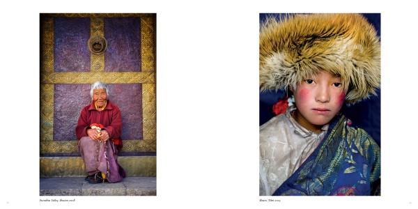 Left: An elderly person with white hair sits cross-legged before an ornate golden door. Right: A young person with rosy cheeks in a fur hat gazes at the camera—portraits from Human Tribe by Schiffer Publishing, Ltd.