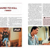Magazine spread from Schiffer Publishing's "Mine's Bigger Than Yours" includes text, a photo of a man with a gun entering a house, and another of a woman in scrubs talking to a bearded man in a hospital bed.