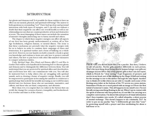 Book pages from "Under Spiritual Siege" by Schiffer Publishing, Ltd.: Left page introduces ghosts, demons, and paranormal investigation; right page displays a large gray handprint with "Chapter One: PSYCHIC ME" and text on psychic abilities and protection.