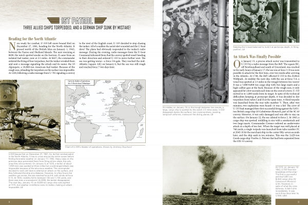 Schiffer Publishing, Ltd.’s “German U-Boat Ace Peter Cremer” is a two-page spread featuring WWII submarine history with photos, a North Atlantic map, the U-333, and highlights from U-boat commander Peter Cremer’s biography.