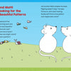 Two white mice sit on green grass under a blue sky. One mouse looks sad as bugs and a snail crawl nearby. Text shares how Milli feels left out for not having unique patterns like those in the Zendoodle for Children book by Schiffer Publishing, Ltd.