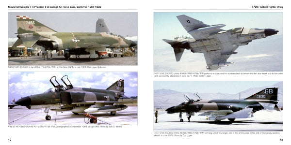 A collage features McDonnell-Douglas F-4 Phantom II jets at George Air Force Base, California, shown on airfields and in flight with various markings. Product by Schiffer Publishing, Ltd.