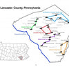 Schiffer Publishing, Ltd.'s "Bridges of Lancaster County" features a map with five color-coded scenic bike tours, including covered bridge loops, plus an inset showing Lancaster County’s location in PA for easy planning.