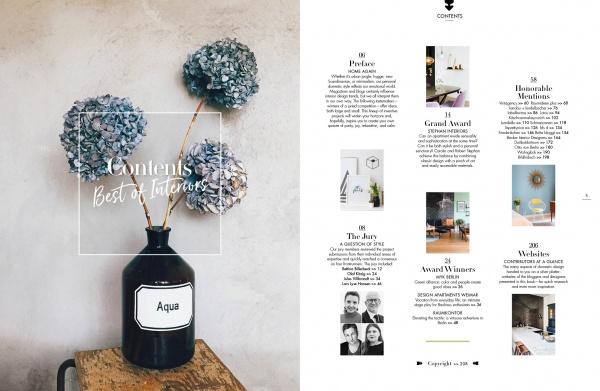 Two-page magazine spread for "Home Story" by Schiffer Publishing, Ltd.: left page features dried hydrangeas in a dark Aqua vase with "Best of Interiors" text; right page spotlights Schöner Wohnen’s top German interior projects and design competition.
