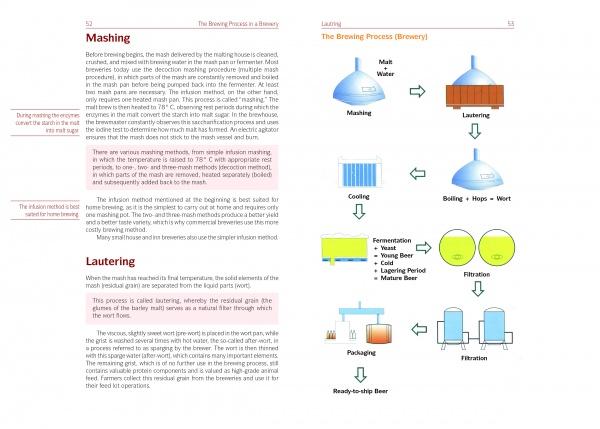 A two-page spread from "Beer Brewing for Everyone" by Schiffer Publishing, Ltd. The left page covers mashing and lautering, while the right features a brewing process flowchart, perfect for homebrewers exploring new beer recipes.