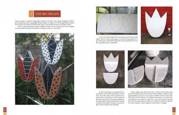 A two-page spread from "Sculptural Secrets for Mosaics" by Schiffer Publishing, Ltd. shows step-by-step photos of assembling large tulip-shaped forms from white foam and painting mosaic-inspired designs.