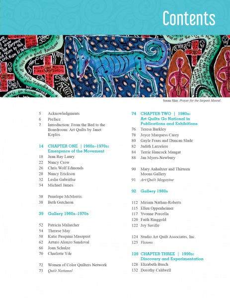 The table of contents in Art Quilts Unfolding by Schiffer Publishing, Ltd. features a blue animal amid red and green abstract designs, and covers chapters on art quilts, contemporary galleries, and masterpieces from the 1960s–1990s.