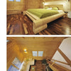 Two images from "The Contemporary Log Home" by Schiffer Publishing, Ltd. show a cozy bedroom with green bedding and a modern living area with a white sofa—highlighting beautiful, sustainable design.