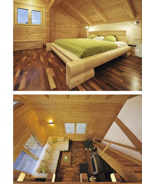 Two images from "The Contemporary Log Home" by Schiffer Publishing, Ltd. show a cozy bedroom with green bedding and a modern living area with a white sofa—highlighting beautiful, sustainable design.