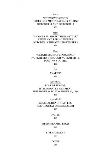 The table of contents for Days of Perfect Hell by Schiffer Publishing, Ltd. lists section titles, dates, and page numbers covering World War I history, the 26th Infantry Regiment, appendices, notes, bibliographic essay, bibliography, and index.