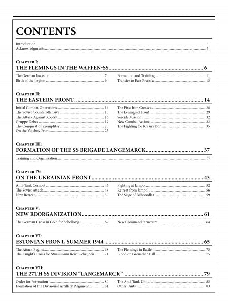 A table of contents page from "The 27th Waffen-SS Volunteer Grenadier Division Langemarck" by Schiffer Publishing, Ltd., listing chapters and sections on the Eastern Front, Flemish SS volunteers, the 27th Division, and related topics with page numbers.