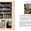 Two-page ad: Left page shows jars of dried plants and people sorting heirloom seeds. Right page displays a crafting workspace above text highlighting Heritage Gardens, Heirloom Seeds from Schiffer Publishing, Ltd. and heritage garden traditions.