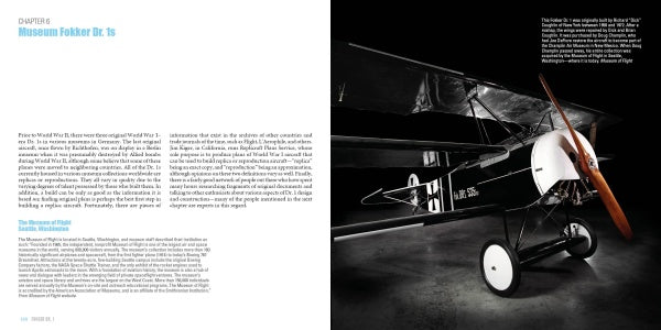The Fokker Dr. 1 from Schiffer Publishing, Ltd.—a famed WWI German triplane—appears front-right in black and white with a wood propeller and triple wings; aviation history text is displayed on the left.