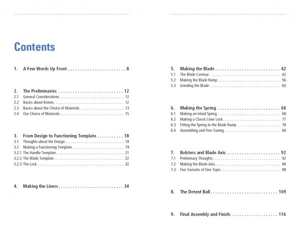 The table of contents for "Liner Lock Knives" by Schiffer Publishing, Ltd. lists section titles and page numbers on topics such as making the blade, spring, bolsters, blade axis, folding knife assembly, liner lock mechanisms, and final assembly.
