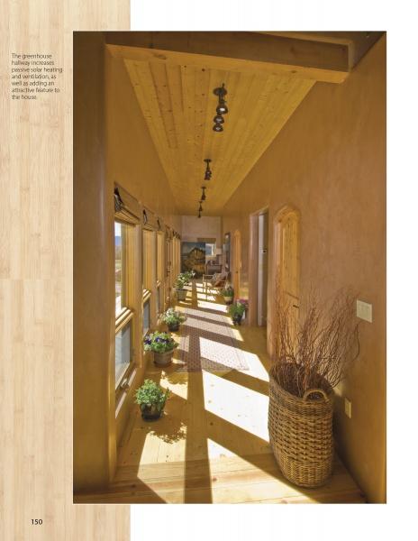 A sunlit hallway with wood floors and potted plants captures the sustainable home design featured in "Eco-House Renovations" by Schiffer Publishing, Ltd., as natural light and eco-friendly décor create a warm, inviting atmosphere.