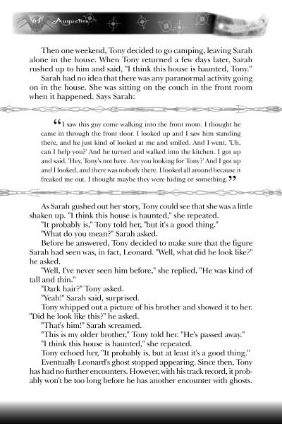A page from Schiffer Publishing, Ltd.'s "Ghosts of Greater Los Angeles" tells a Tony and Sarah story with Hollywood Roosevelt ghosts. The text is in two columns, ornate section breaks, and a header with two quills.