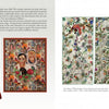 A spread from Artistry in Fiber, Vol. 1 (Schiffer Publishing, Ltd.) showcases four vibrant fiber artworks—one left, three right—blending patterns, faces, and abstractions. Artist information appears at the top left of the left page.