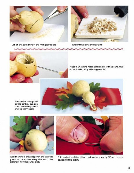 Step-by-step photo guide for creating a turkey craft from "Making Gourd Headpieces" by Schiffer Publishing, Ltd.—shows carving, adding leaf feathers, and a ribbon neck wrap, with hands and tools visible throughout the assembly. Perfect for gourd craft enthusiasts.