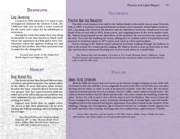 A magazine page highlights Texas attractions from Supernatural Texas by Schiffer Publishing, Ltd., featuring Lake Grapevine, Blue Mound Hill, and Tarleton Bed and Breakfast for ghost hunting fans. The background is purple with black and white text.