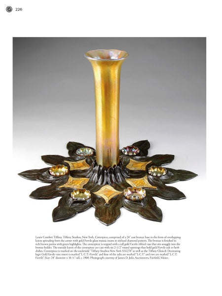 Tiffany Studios' Techniques" by Schiffer Publishing, Ltd. is featured on a white background—a golden iridescent glass vase with a tall neck sits in a bronze base of flower petals, each petal holding a stained glass cup, capturing Art Nouveau elegance.