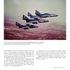 Four US Navy Blue Angels F9F Panthers soar in diamond formation above a coastline—a striking scene from Blue Angels history featured in The Blue Angels by Schiffer Publishing, Ltd.