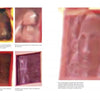 On the left page of "Breakthrough Ghost Photography of Haunted Historic Colonial Williamsburg, Virginia Part II" by Schiffer Publishing, Ltd., four blurred portraits in pink-orange-red appear opposite a large, abstract pink face evoking Williamsburg spirits.